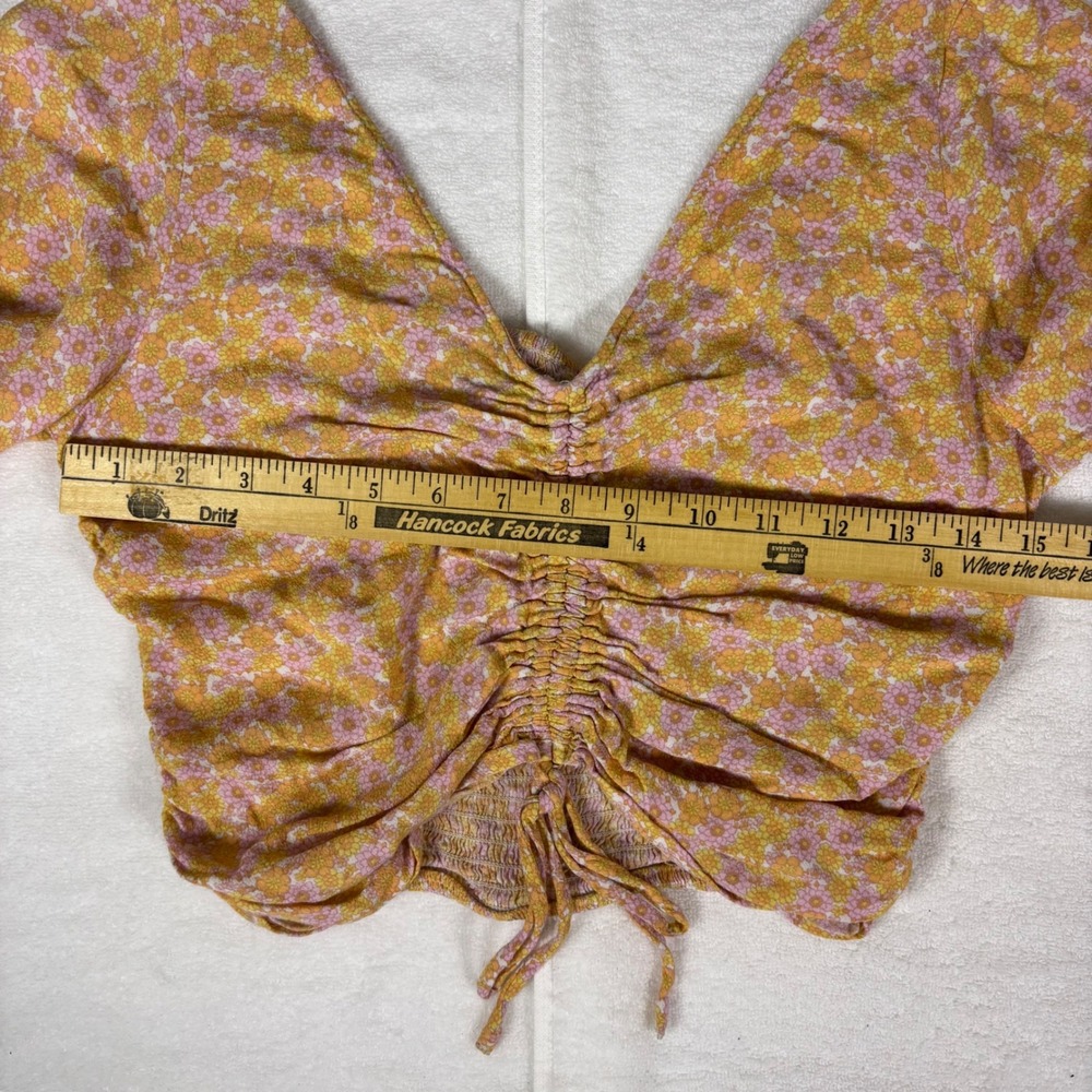 H&M Floral Ruched Crop Top Womens Medium Yellow Pink Cottagecore Boho Festival - Picture 5 of 14